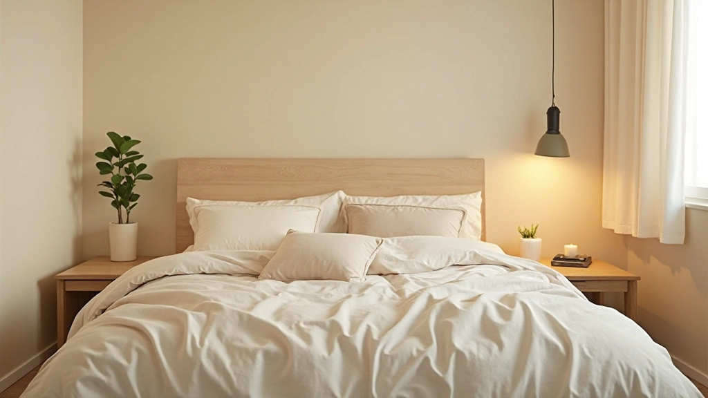 Serene bedroom with soft neutral tones, natural fibers, and gentle ambient lighting