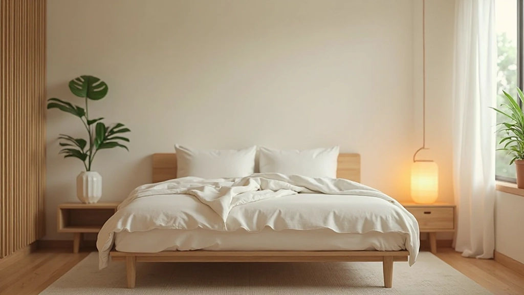 Minimalist Japanese bedroom with natural wood furniture, soft lighting, and clean lines