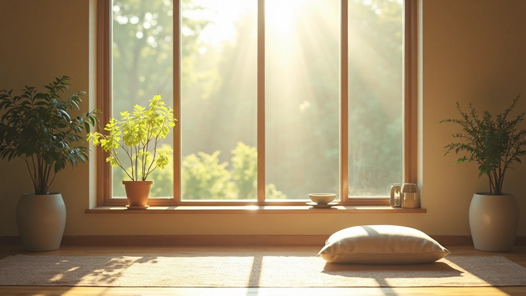 Bright window corner with natural light streaming in, simple meditation cushion, and potted plants creating peaceful atmosphere