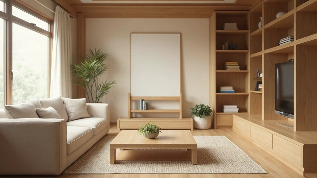 Serene living room with natural light, traditional tatami mat elements, and earth-tone décor
