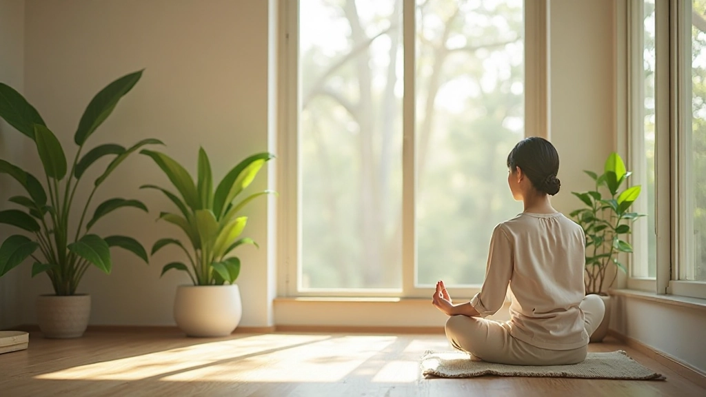 Serene interior space with natural light, minimalist furnishings, and calming earth tones