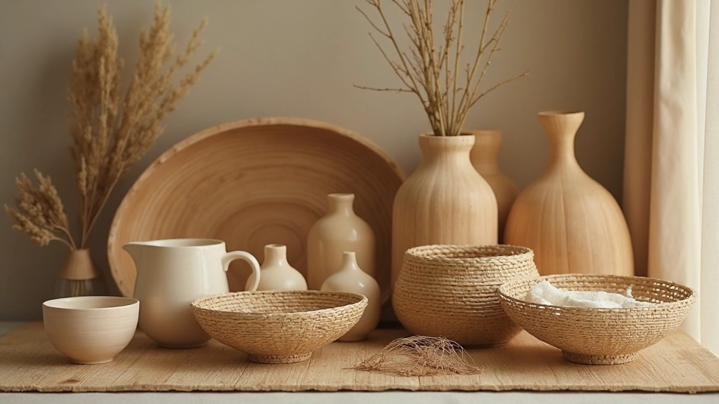 Natural materials collection including wooden elements, woven textiles, ceramic vessels, and earth-toned fabrics