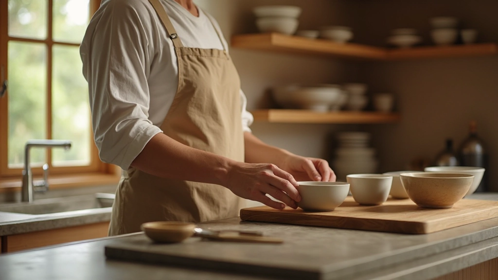 Serene kitchen corner with morning light, wooden shelving displaying ceramic vessels, stone counter, creating a peaceful sanctuary atmosphere