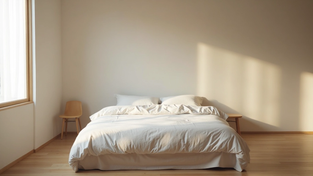 Serene bedroom interior with simple platform bed, minimal nightstand, large empty wall space, and peaceful natural light