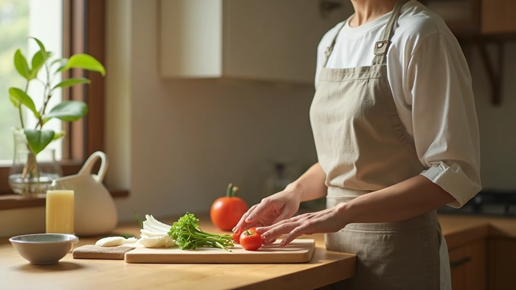 Person mindfully preparing food on wooden surface with ceramic bowl, natural light creating warm shadows on kitchen workspace